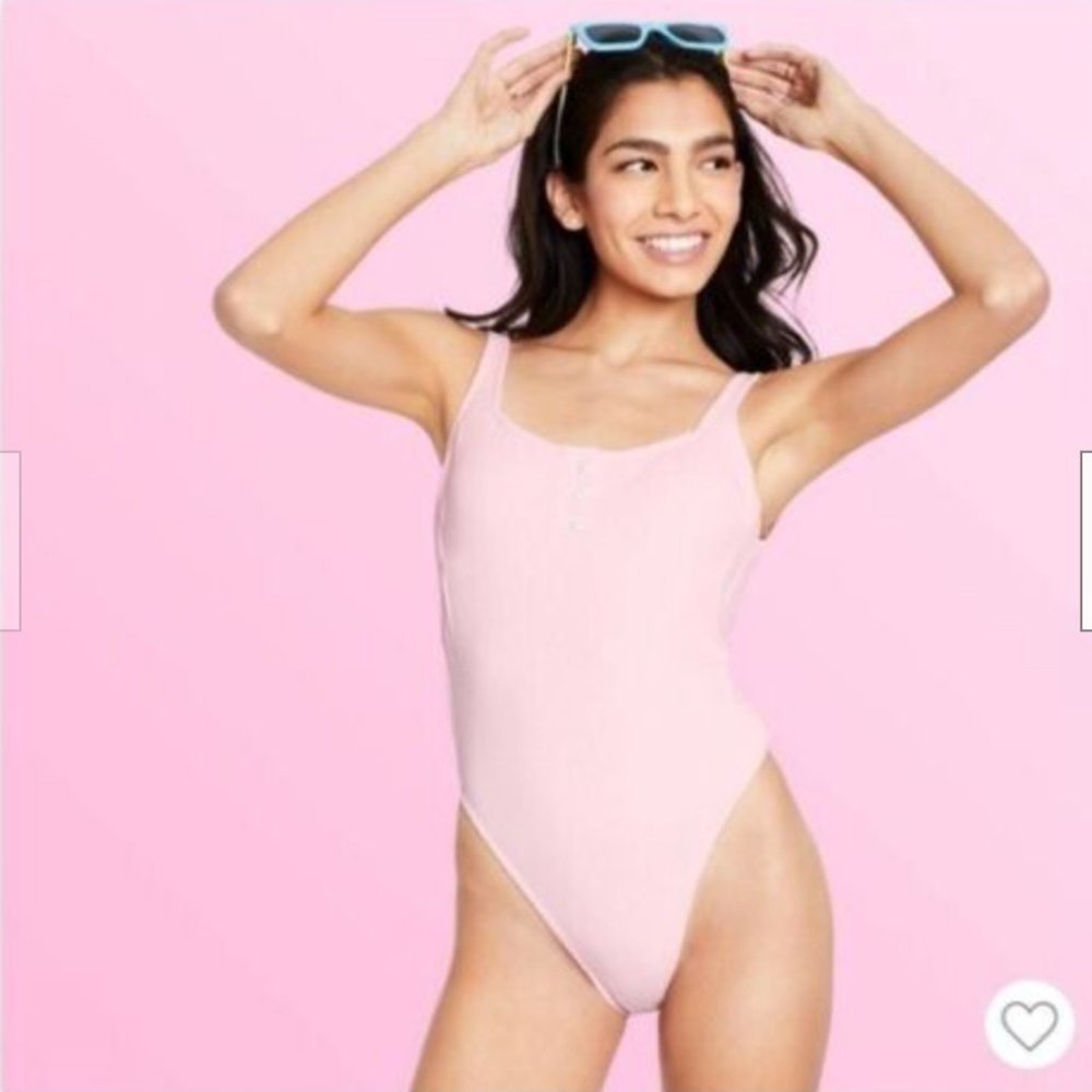Stoney Clover Lane Pink Ribbed Cheeky High One Piece Swimsuit bathing